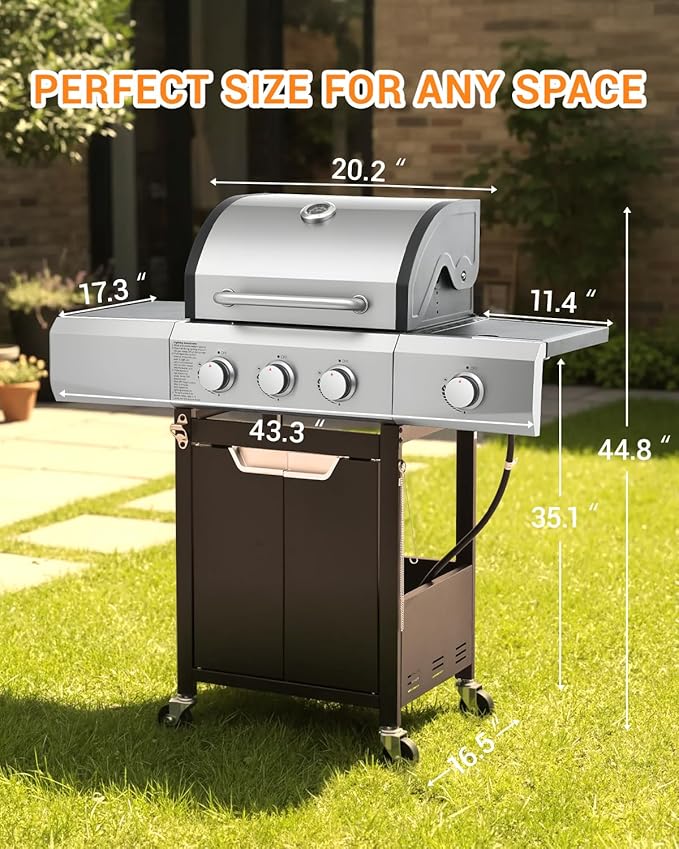 EUHOME 40,500 BTU 3-Burner Propane Gas Grill with Side Burner,Stainless Steel Outdoor BBQ Grill Portable with Wheels and Cast Iron Grates for Patio Garden Barbecue Cooking
