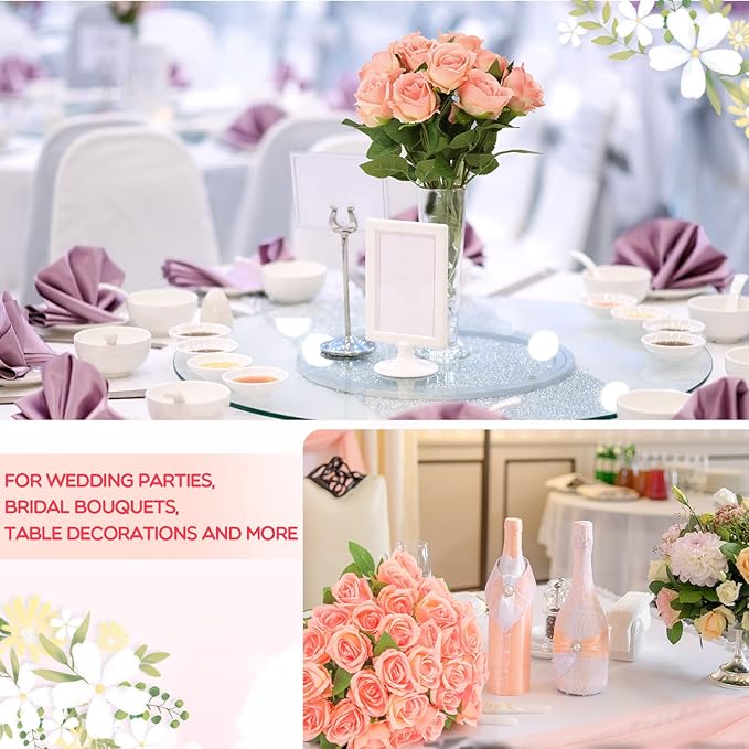 Jexine 50 Pcs Artificial Rose Flower Bulk Realistic Silk Fake Roses with Long Stem Plastic Artificial Flower Bouquet Real Looking for Home Wedding Centerpieces Party Decoration(Champagne)