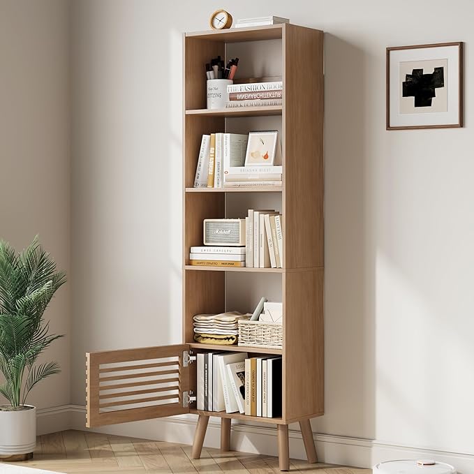 Open Shelf Cube Bookcase, 68" Tall Freestanding Bookshelf, Slatted Door Narrow Corner Bookcase with 5 Cubes, Mid-Century Modern Display Storage Cabinet for Living Room, Home Office, Oak