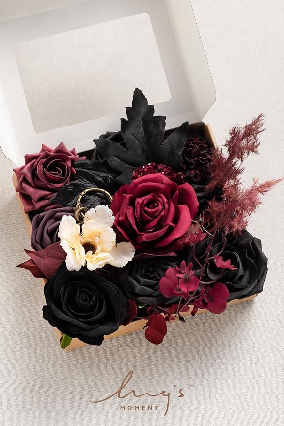 Ling's moment Fake Flowers Box, Faux Artificial Greenery Stems Foam Roses Dahlia Silk Maple Leaf Fabic Flower for Centerpieces Bouquet Wedding Vase Floral Decorations, Burgundy & Black, Mini Combo