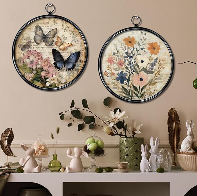 XIAOAIKA Round Vintage Wall Hanging Decor, Printed Textured Surface with Wood Back, Butterfly Design, Black Metal Frame, Ready to Hang for Living Room Bedroom, 10 Inch