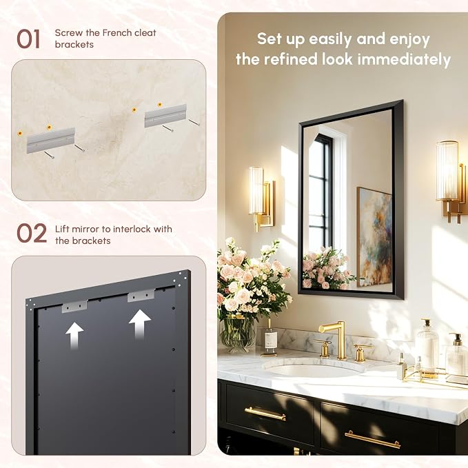 USHOWER 24x36 Inch Floating Bathroom Mirror - Brushed Black Wall Mirror for Over Sink, Anti-Rust, Beveled Aluminum Frame, Modern Rectangular HD Reflection Vanity Mirror(Copper-Free Silver Coating)