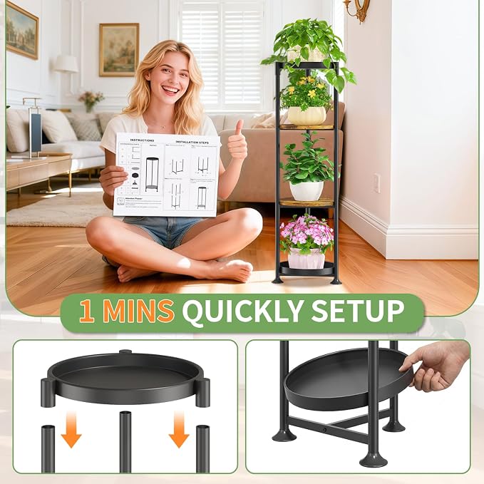 KMOTASUO 4 Tier Black Plant Stand Indoor for Large Tall Heavy Duty Planter, Multiple Sturdy Metal Flower Corner Rack for Narrow House Floor, Iron Vertical Level Round Orchi Holder Organizer, Modern