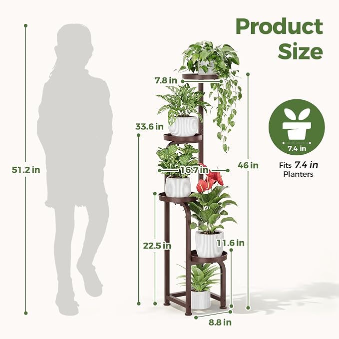 Bamworld Corner Plant Stand Indoor Outdoor, Tall Metal Flower Pot Stands for Multiple Plants, 4 Tier Brown Heavy Duty Plant Shelf for Patio Garden Balcony Living Room Bedroom(Patent Design)