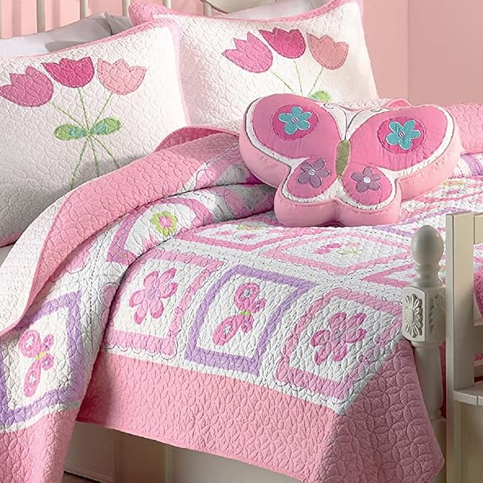 Cozy Line Home Fashions 100% Cotton Pink Floral Print Girl Reversible Quilt Bedding Set, All Season Lightweight Coverlet, Bedspread (Butterfly Tulip, Twin-2 Piece)