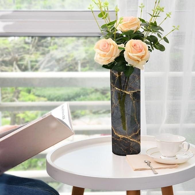 xmyzcd Black Gold Marble Vase Cylinder Vases Clear Plastic Flower Vase Easy to Clean for Centerpieces Homes, Offices, Kitchens