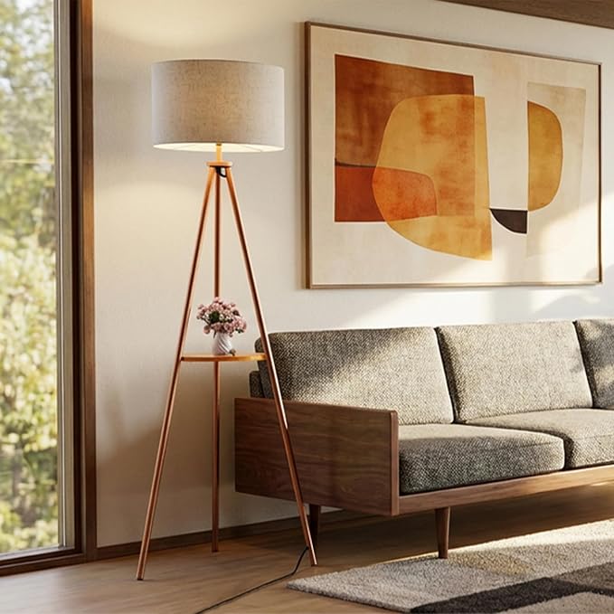 58.3" Mid-Century Tripod Floor Lamp with Shelf, Hidden Wiring, RGB Dimmable Bulb Included, Remote & App Control, Iron Corner Standing Lamp with Linen Shade for Living Room Bedroom