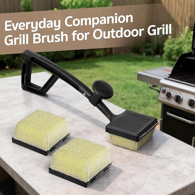 GASPRO Steam Grill Brush Bristle Free for Outdoor Grill, BBQ Cleaning Brush Set with 2 Replacement Heads, Heat-Activated Sponge & Scraper, Ergonomic Handle, Safe for Most Grates, Black
