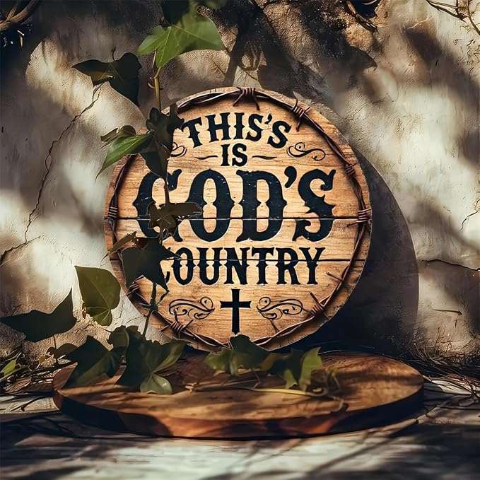 God's Country" Round Metal Wreath Sign - 8x8 Inches, Rust-Proof & Waterproof, Perfect for Home, Office, or Coffee Shop Decor, Bedroom Decoration,Stylish Simple, Perfect for Room Decor