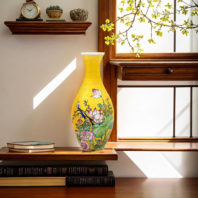3D Puzzle Vase for Adults, 160 Curved Pieces Vase Puzzle Craft, DIY Bamboo Pattern Flower Vase with Water Cup, Creative 3D Jigsaw Puzzle Home Decoration (Yellow Lotus)