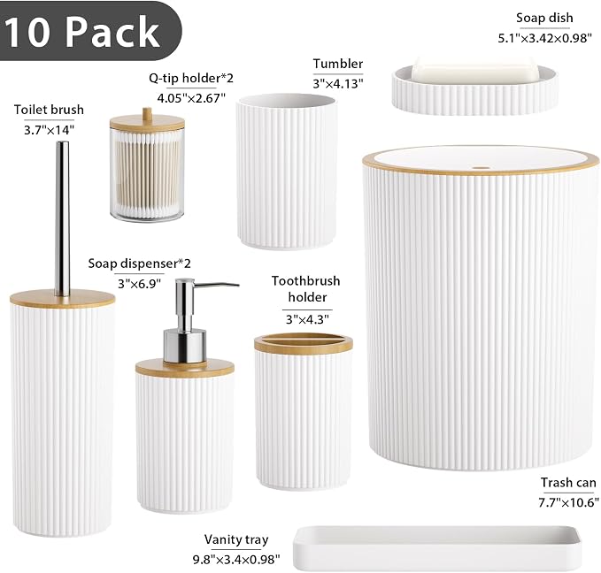 10PC Bathroom Accessories Set - White and Wooden Bathroom Sets, Bathroom Accessory Set with Pop Up Trash Can, Toilet Brush, Trash Can, Qtip Holder & Soap Dispenser