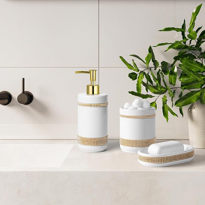 RQYIXI Bathroom Accessories Set with Diamonds 5 Pieces Toothbrush Holder Soap Dispenser Ceramic Bathroom Accessory Set Contain Cotton Swab Jar Toothbrush Cup Soap Dish Tumbler