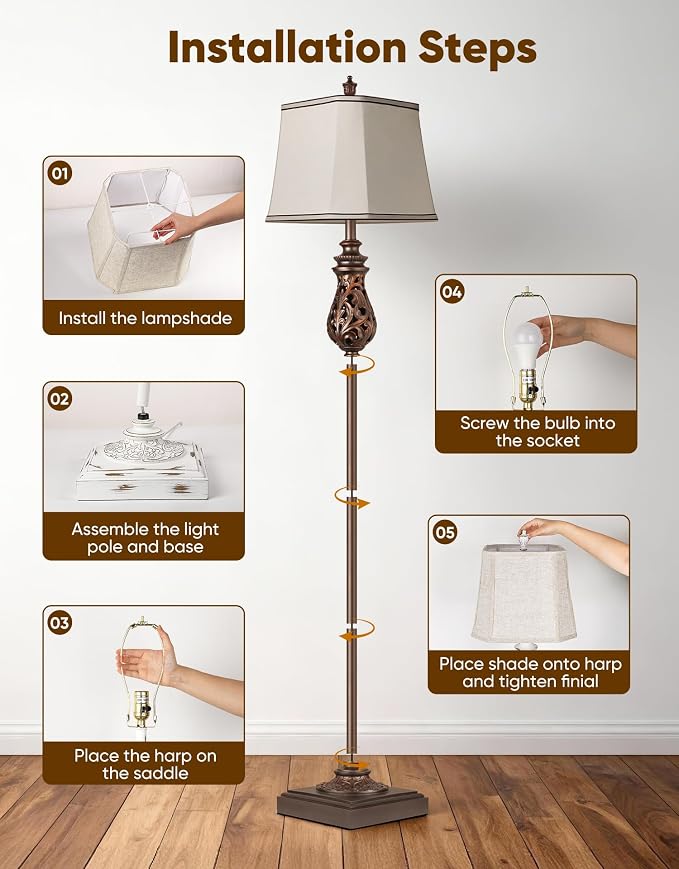 64'' Vintage Floor Lamp with Nightlight, Rustic Farmhouse Tall Standing Lamp with Rotary Switch and Beige Faux Silk Shade for Living Room, Corner, Bedroom, House Decor, Brown (Bulb Included)