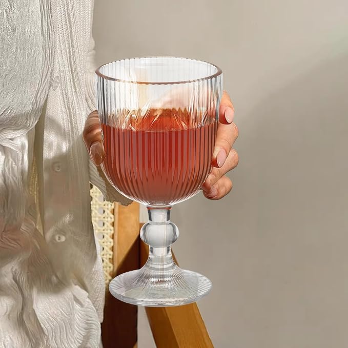 Vintage Wine Glasses Set of 6, 11 Ounces Colored Glass Water Goblets, Unique Embossed Pattern High Clear Stemmed Glassware Wedding Party Bar Glass Drinking Cups Fancy Glasses Vertical Line Clear