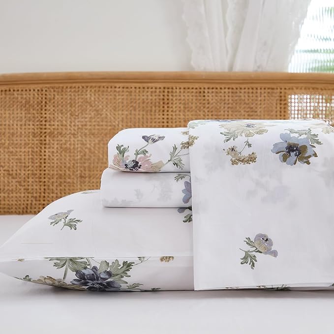 100% Cotton Sheet Set Queen Size – 4-Piece Vintage Chic Floral Bedding Set, Soft Breathable Percale Weave, Deep Pocket Fitted Sheet 17.5", Crisp Cool Feel, Refined Botanical Elegance