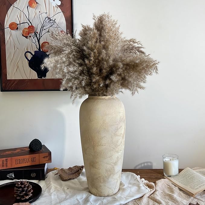15 Inch Farmhouse Decor Ceramic Rustic Vase,Beige Handmade Flower Vases for Centerpieces,Pottery Vase for Living Room,Kitchen & Bedroom Decor,Vintage Ceramic Vases for Wedding