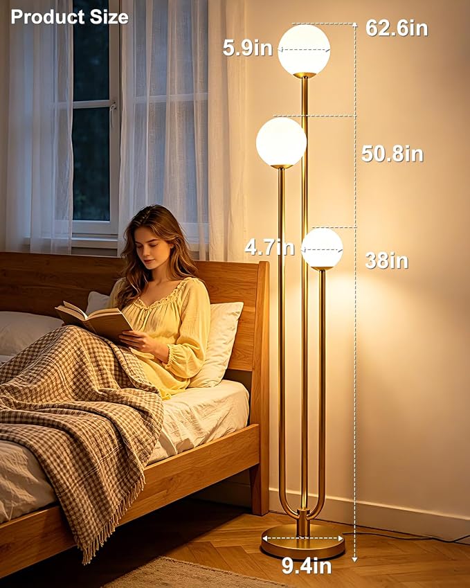 63IN 3-Light Dimmable Floor Lamp, Unique Gold Tall Standing Lamps with 3000K G9 Bulbs for Reading, Mid Century Modern Floor Lamp with 5Lbs Heavy Base for Living Room Bedroom Home Office