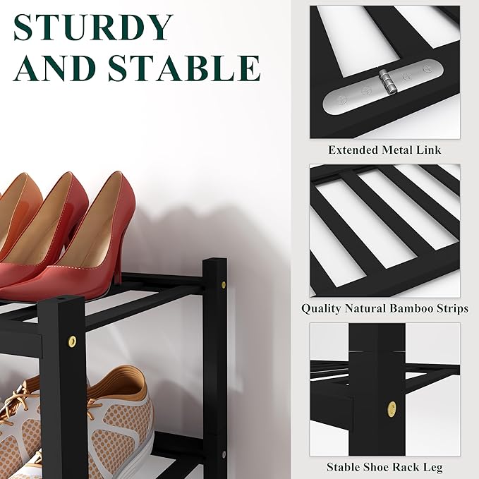 Smiry Shoe Rack, 6 Tier Bamboo Shoe Organizer, Stackable Free Standing Wooden Shoe Storage Shelf for Closet, Entryway, Front Door Entrance, Black