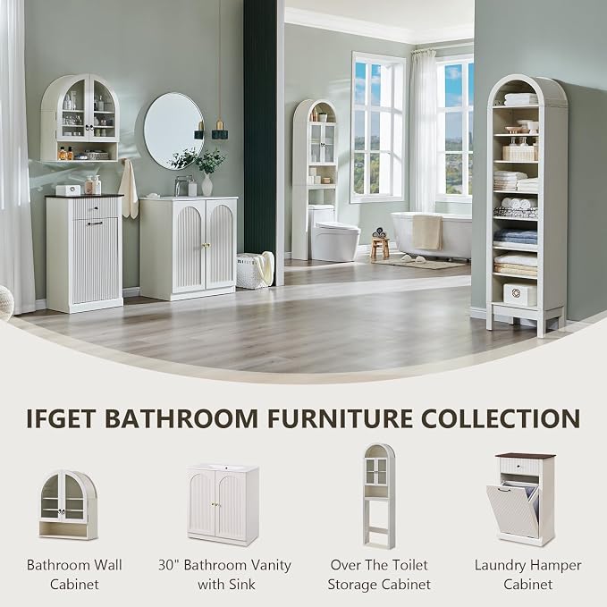 IFGET Arched Over The Toilet Storage Cabinet with Acrylic Doors, Modern Over Toilet Bathroom Organizer Shelf, Small Wooden Bathroom Storage Cabinet with Adjustable Shelf, Space Saver, Antique White
