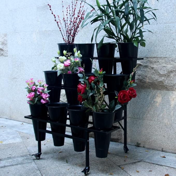 Zhongma Moving Plant Stand with Wheels Heavy Duty Garden Cart Display Flower Shelf with 12pcs Plastic Buckets for Fresh Flowers