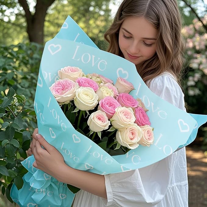 WRAPAHOLIC 20 Sheets Flower Wrapping Paper - 22.4 x 22.4 inch Blue Love with Heart Water-Resistant Floral Bouquet Wrapping Paper, Florist Supplies Packaging for Wedding Birthday Gift DIY
