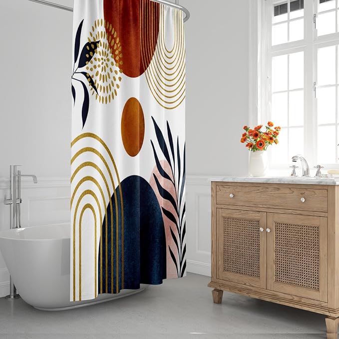 Emvency Shower Curtain Mid Century Sun Boho Geometric Leaf Aesthetic Arch Curve Bathroom Home Decor Waterproof Polyester Fabric 72 x 72 inches Set with Hooks