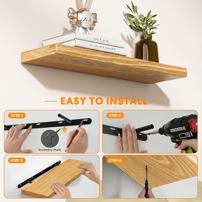 Solid Wood Live Edge Floating Shelves Set of 2 – 24" Rustic Wall Shelf with Hidden Bracket System, Wall Mounted Shelves for Bathroom, Kitchen, Living Room, Bedroom (Raw Wood)