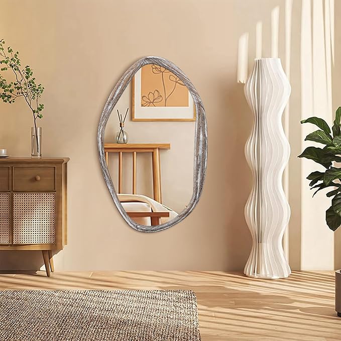 JJUUYOU Asymmetrical Mirrors Large Irregular Bathroom Wall Mirror 28"x20" Large Wooden Frame Modern Mirror Wall Mirror for Makeup Bathroom Living Room,Brown