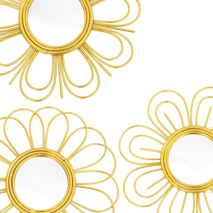 Gold Mirrors 3 Piece, 9 inch Flower-Shaped Mirror Hanging Wall Decor, Valentine Decorative Mirror Wall Art, Round Mirrors for Bedroom,Living Room,Bathroom, House Warming Valentine Gifts