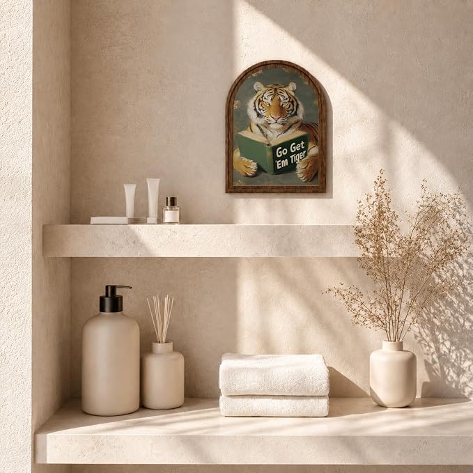 Wooden Tabletop Decor Funny Reading Tiger Art for Bookshelf Desk Shelf, Rustic Arched Wooden Frame with Stand Decor, Home Office Decorative Accent for Animal Lovers