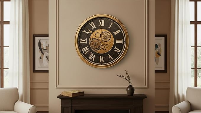 October Elf Large Real Moving Gears Wall Clock 24 Inch Vintage Industrial Steampunk Large Big Metal Wall Clock for Living Room Decor (24 Inch Roman Antique Brass Brown)