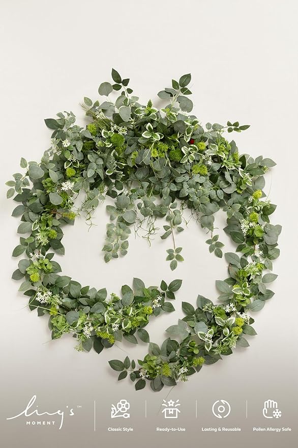 Ling's Moment 9FT Flower Garland for Backdrop Decorations - Wedding Arch Flowers, Eucalyptus & Rose, Artificial Floral Garland for Mantle - Sweetheart Table Decor for Beach Reception, Green