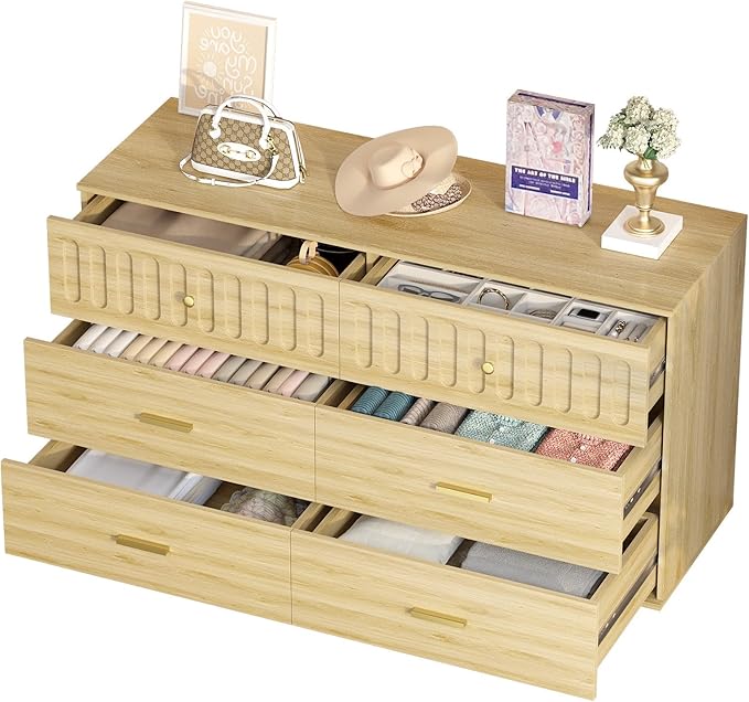 IBF Modern Fluted 6 Drawer Dresser for Bedroom, Fluted 55 Inch Chest of Drawers for Kid Adult Closet, Large Wood Clothes Storage Dresser with Anti-Tipping Device for Living Room Hallway, Oak