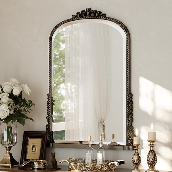 28"×40" Bronze Wide Arched Wall Mirror, Vintage Carving Bathroom Vanity Makeup Mirror, as Wall Decor Hanging Leaning for Fireplace Mantle, Living Room, Bedroom, Vanity Area