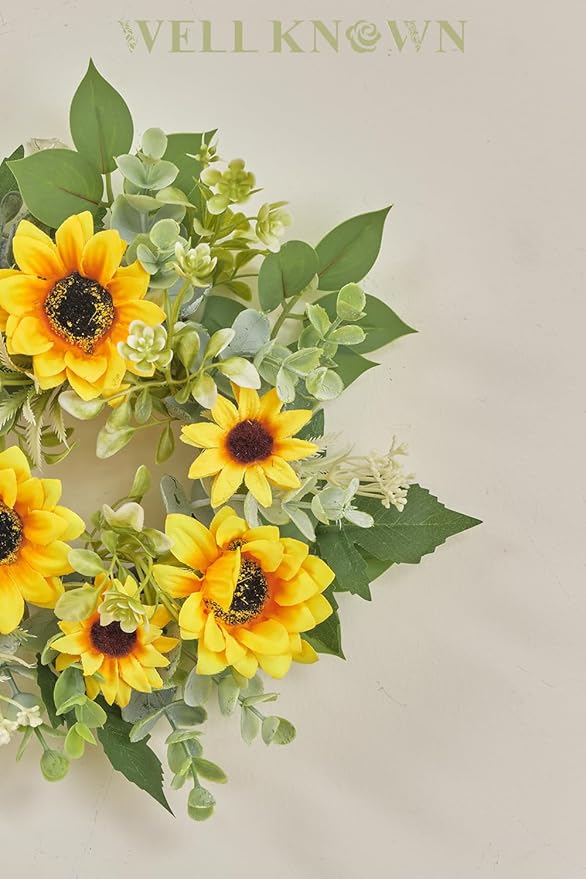 WELL KNOWN 2 Pcs Mini Spring Floral Candle Rings Wreaths for Pillars Home Table Window Decor, 9 Inches Artificial Flower Cabinet Wreath for Kitchen Farmhouse Wedding Party (Yellow Sunflower)
