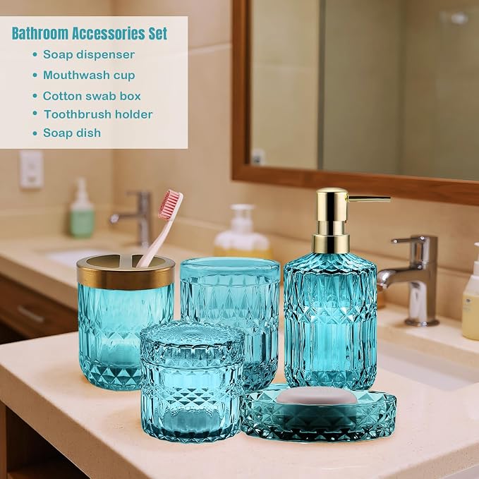 5Pcs Cyan Bathroom Accessories Set, Glass Bathroom Accessories, Vintage Bathroom Countertop Decoration Includes Soap Dispenser, Toothbrush Holder, Qtip Holder,Soap Dish and Rinsing Cup