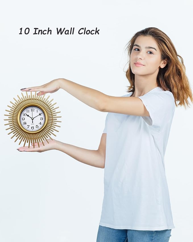 Gold Sunburst Wall Clock Battery Operated Aanlog, 10 Inch Modern Boho Decorative Wall Clock for Living Room, Bedroom, Kitchen, Office, Bathroom, Farmhouse