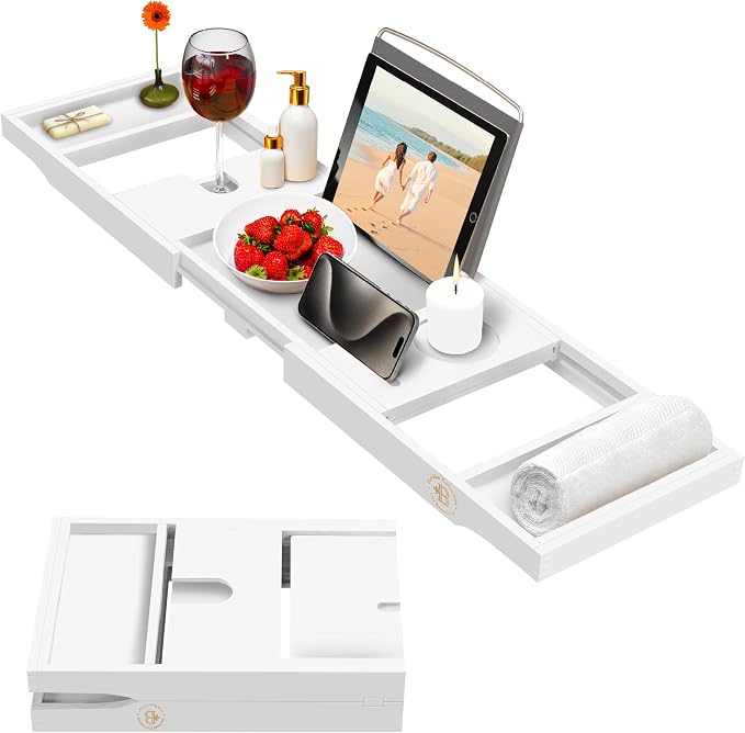 White Bathtub Tray for Tub - Bamboo Bath Tray, Expandable Wooden Bath Caddy Tray with Wine Holder, Book and Tablet Stand, Bathroom Accessories, Tub Table, Bridal Shower Gifts for Women