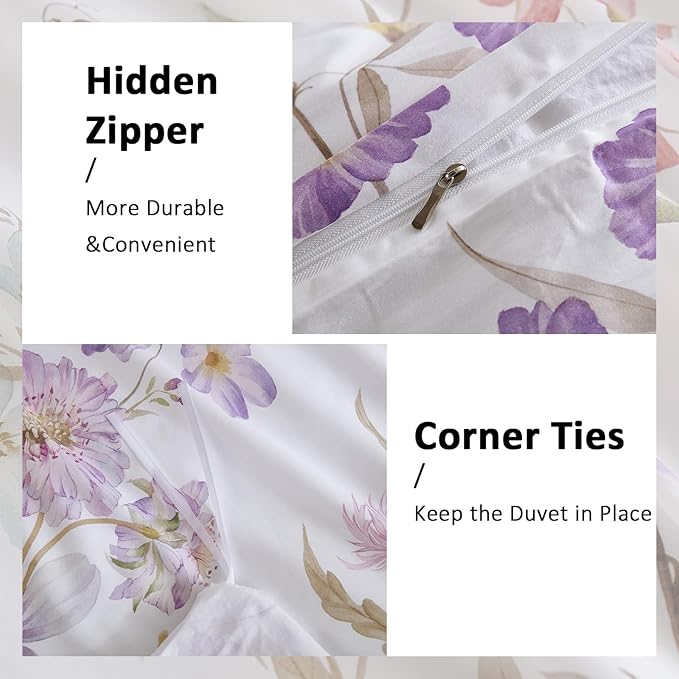 100% Cotton Duvet Cover King Size – Pastel Lavender Print Vintage Bedding Set with Zipper Closure, 3 Pieces Luxury & Silky Soft Comforter Cover for All Seasons