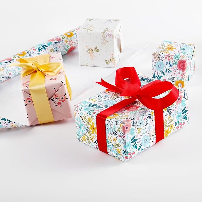 Miss DuiDui Floral Gift Wrapping Paper, 3 Rolls, 17 inch x 9.8 feet, Colorful Spring Summer Assorted Flower Design for Wedding, Birthday, Valentines' Day, Baby Shower, Anniversary, Bridal Shower, Party