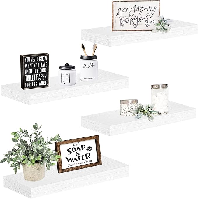 QEEIG Floating Shelves for Wall Bathroom Shelf Bedroom Kitchen Living Room Farmhouse Small Book Shelf 16 inch Set of 4, White (015-W4)
