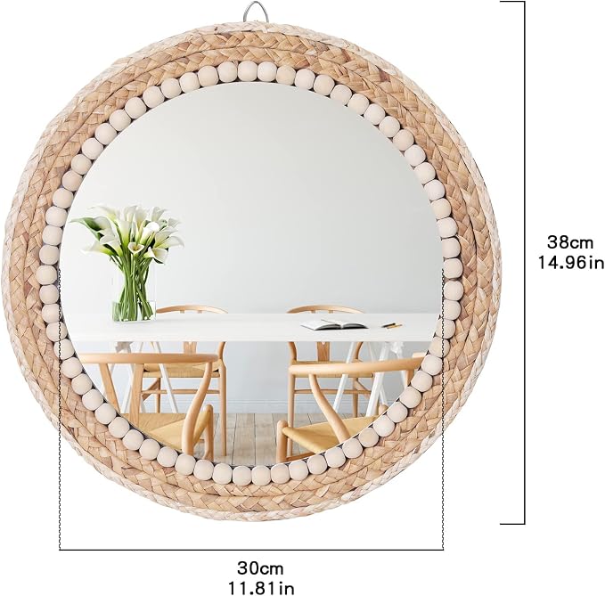 15 Inch Boho Round Hanging Wall Mirror Decorative Rattan Circle Mirrors for Farmhouse, Living Room, Bedroom