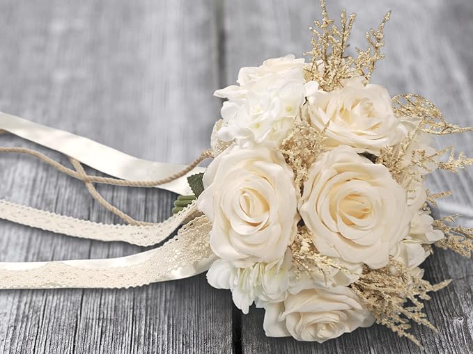 Artificial Plant, 1 Champagne White Rose Bridal Bouquet, 8.6 x 10.2 x 8.6 inches, Wedding Bouquets for Bride, Bridesmaid Bouquets with Silk Ribbon, Decoration