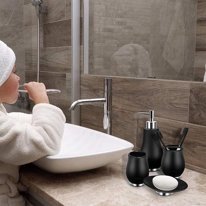 RQYIXI Bathroom Accessories Set 4 Pcs Toothbrush Holder Soap Dispenser Ceramic Bathroom Accessory Set with Toothbrush Cup Soap Dish Tumbler Black