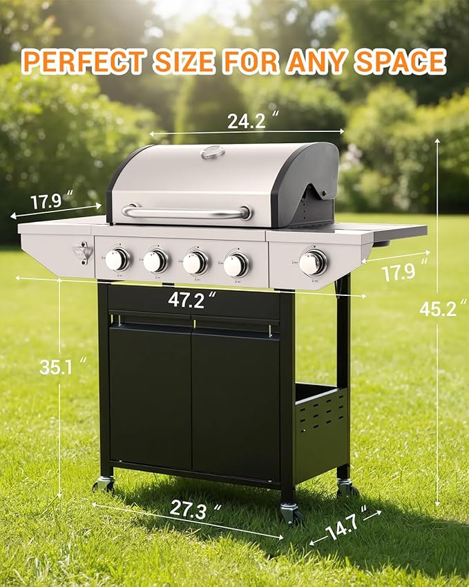 EUHOME 4-Burner Propane Gas BBQ Grill with Side Burner, 46,500 BTU Output Stainless Steel Barbecue Grill with Enameled Cast Iron Grates and Side Tables for Outdoor Cooking Kitchen and Patio Backyard