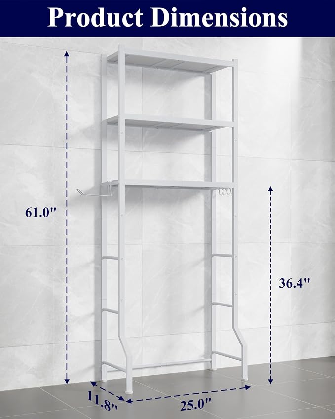 Kitsure Over The Toilet Storage Cabinet, Sturdy Bathroom Organizer, Easy Assembly, 3-Tier Shelf (61" H), Space Saving Storage for Small Bathroom, Heavy Duty Metal Frame, White