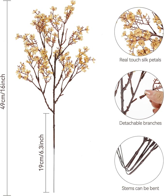 Babys Breath Artificial Flowers, 16 Bundles Gold Real Touch Fake Flowers Silk Flowers for Vase Home Office Wedding Spring Indoor Outdoor Centerpiece Table Party Decorations