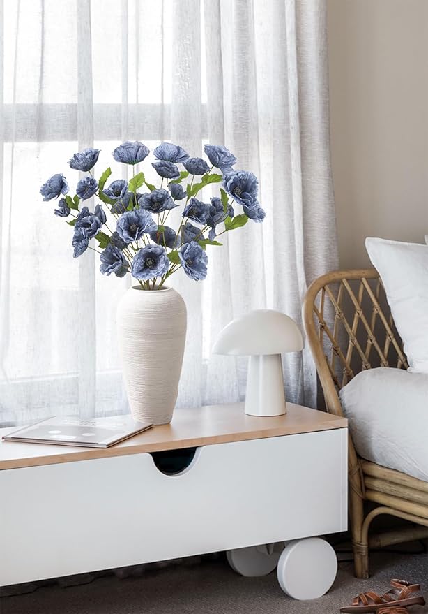 6PCS Poppies Flowers Artificial Silk Flowers 32in Artificial Poppies Dusty Blue Flowers for Wedding Home Party Table Centerpiece Arrangement Decoration (Dusty Blue)