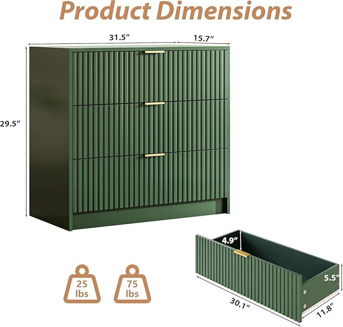 3-Piece Dresser Bedroom Set, 6 Drawer Dresser & 3 Drawer Nightstands with Gold Handles, Fluted Wood Chest of Drawers for Bedroom, Living Room, Entryway, Green