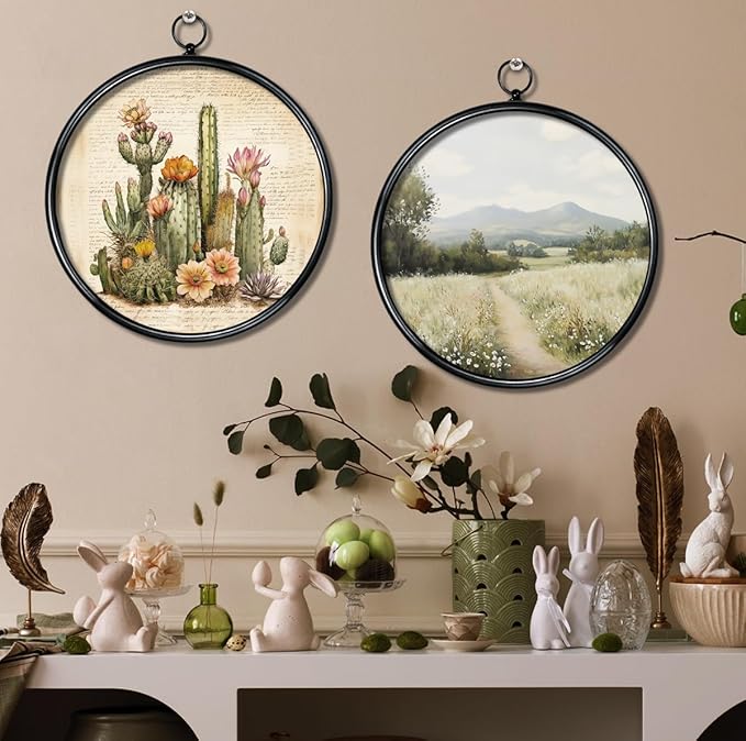 XIAOAIKA Round Vintage Wall Hanging Decor, Printed Textured Surface with Wood Back, Cactus Design, Black Metal Frame, Ready to Hang for Living Room Bedroom, 10 Inch